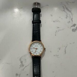 Black Leather Strap Watch with White Dial